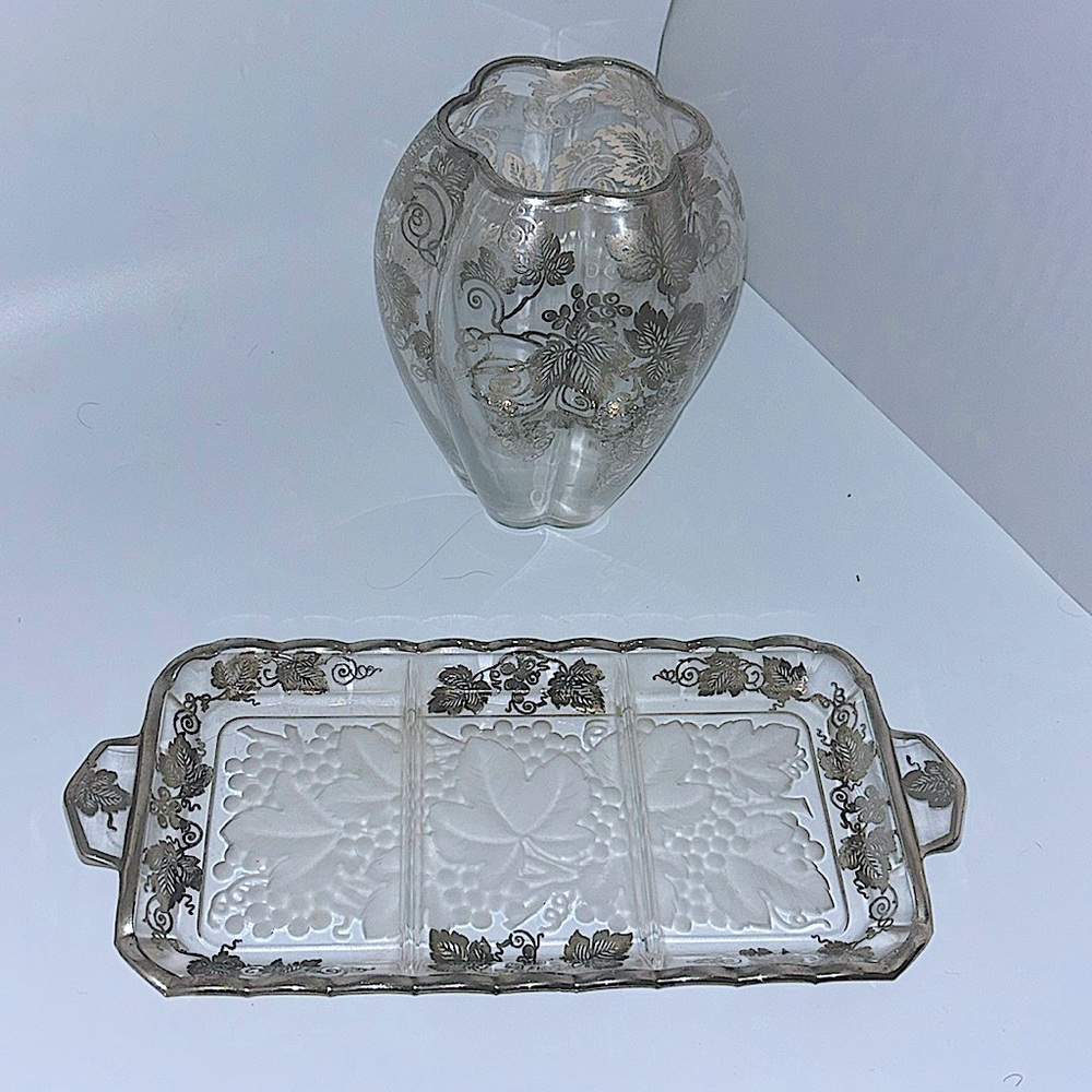 Silver accented Vase with matching 3 compartment snack plate… Glass